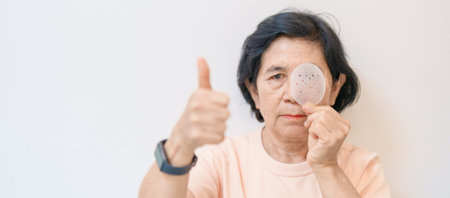 Elderly Woman with eye protective shield after eye surgery. Eye disease, Cataract,  Glaucoma, Age Related Macular Degeneration, Diabetic Retinopathy, Vitreous, Lasik, World Glaucoma day and healthの写真素材