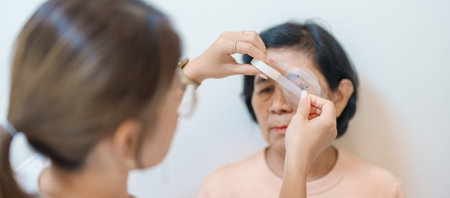 Senior Woman during eye protecting by shield after eye surgery. Eye disease, Cataract,  Glaucoma, Age Related Macular Degeneration, Diabetic Retinopathy, Vitreous, Lasik, World Glaucoma day and healthの写真素材