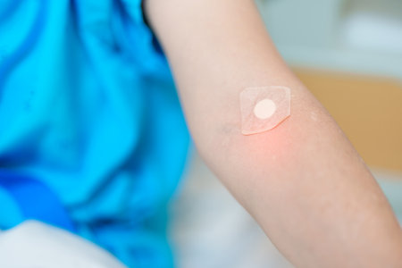 Elderly asian Patient Woman with medical patch plaster after blood test in hospital. Diagnose,...
