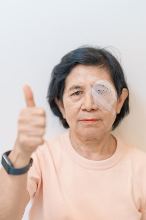 Elderly Woman with eye protective shield after eye surgery. Eye disease, Cataract,  Glaucoma, Age Related Macular Degeneration, Diabetic Retinopathy, Vitreous, Lasik, World Glaucoma day and healthの写真素材