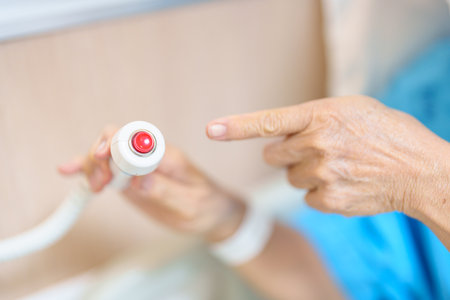 Elderly woman Patient hand holding and pressing emergency button in hospital room, calling nurse in...