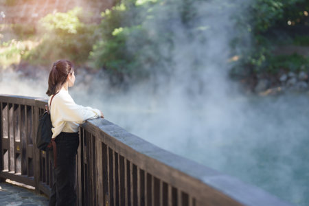woman traveler traveling in Taiwan, female Tourist sightseeing at Beitou Hot Spring, Taipei City....