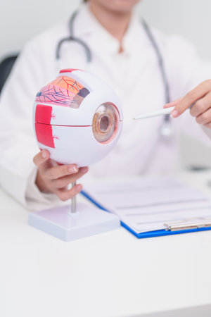 Elderly Patient consulting Doctor to Eye disease, Senior Medical Diagnosis. Anatomy Eye model for Cataract, Glaucoma, Age Related Macular Degeneration, Diabetic Retinopathy, Vitreous, health conceptの写真素材