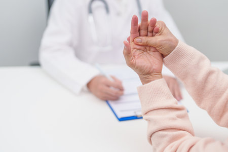 Senior woman having Tremor hand and consulting doctor in hospital. Parkinson disease awareness month, Carpal Tunnel Syndrome, rheumatoid and brain injury and Neurological disorder conceptの写真素材