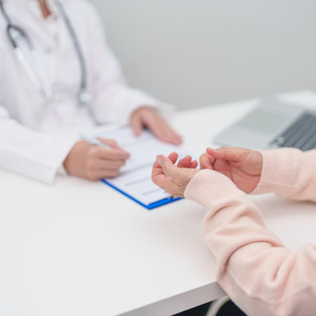 senior woman consulting with doctor in hospital. Elderly patient talking and sharing disease. Doctor...