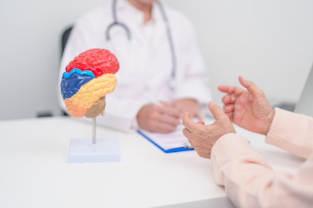 Elderly Patient consulting Doctor to Brain disease, Senior Health Medical Diagnosis. Anatomy Brain...