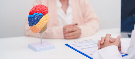Elderly Patient consulting Doctor to Brain disease, Senior Health Medical Diagnosis. Anatomy Brain...