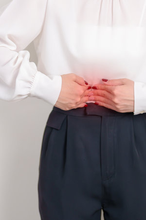 Business Woman having Pancreatitis for Pancreas pain and disease, Gallbladder, Bile Duct, Duodenum,...