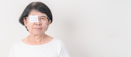 Elderly Woman with Eye protecting by Eye Pad for concepts of Eye disease, Cataract, Glaucoma, Age Related Macular Degeneration, Diabetic Retinopathy, Vitreous, Conjunctivitis, World Glaucoma dayの写真素材