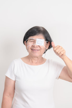Elderly Woman with Eye protecting by Eye Pad for concepts of Eye disease, Cataract, Glaucoma, Age Related Macular Degeneration, Diabetic Retinopathy, Vitreous, Conjunctivitis, World Glaucoma dayの写真素材