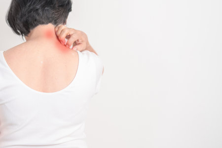 Elderly woman itching Neck and body scratching for Skin Allergy from insect bite and food...