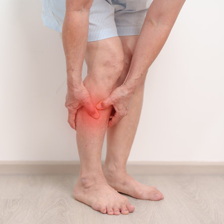 Elderly woman having Calf pain for concepts of Calf Muscle Strain, muscle pull, Leg Cramp, Sprain, aches, Varicose Veins, Deep Vein, world Thrombosis day, Senior Health care and medical treatmentの写真素材