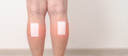 Elderly woman having Calf pain with Medicated pain relief patch plaster for concepts of Calf Muscle...