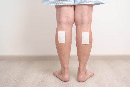Elderly woman having Calf pain with Medicated pain relief patch plaster for concepts of Calf Muscle Strain, muscle pull, Leg Cramp, Sprain, aches, Varicose Veins, Deep Vein and world Thrombosis dayの写真素材