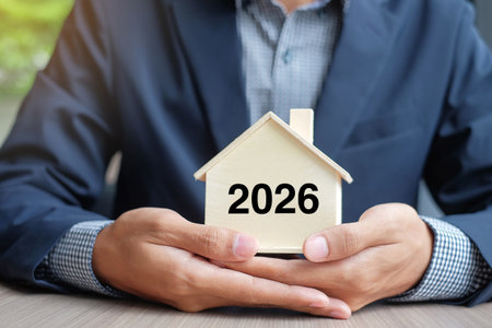 Businessman hands holding wooden House model with 2026 New Year text. Property insurance and real estate conceptsの写真素材