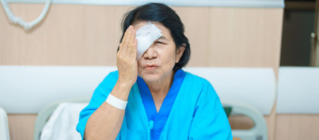 Elderly Woman with eye protective shield after eye surgery. Eye disease, Cataract,  Glaucoma, Age Related Macular Degeneration, Diabetic Retinopathy, Vitreous, Lasik, World Glaucoma day and healthの写真素材