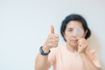 Elderly Woman with eye protective shield after eye surgery. Eye disease, Cataract,  Glaucoma, Age Related Macular Degeneration, Diabetic Retinopathy, Vitreous, Lasik, World Glaucoma day and healthの写真素材