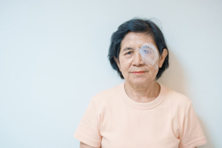 Elderly Woman with eye protective shield after eye surgery. Eye disease, Cataract,  Glaucoma, Age Related Macular Degeneration, Diabetic Retinopathy, Vitreous, Lasik, World Glaucoma day and healthの写真素材