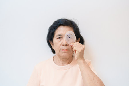 Elderly Woman with eye protective shield after eye surgery. Eye disease, Cataract,  Glaucoma, Age Related Macular Degeneration, Diabetic Retinopathy, Vitreous, Lasik, World Glaucoma day and healthの写真素材