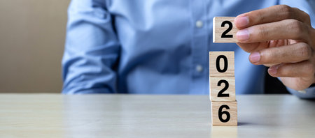 block 2026 text on table. Resolution, strategy, plan, goal, motivation, reboot, business and New Year holiday conceptsの写真素材