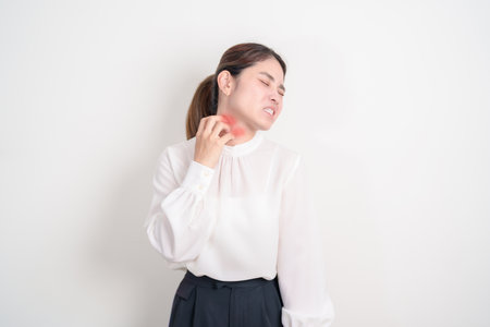 Business woman itching Neck and body scratching for Skin Allergy from insect bite and food...