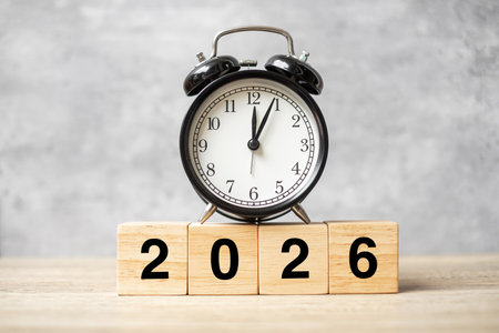 2026  text with clock on table. Resolution, time, plan, goal, motivation, reboot, countdown and New...