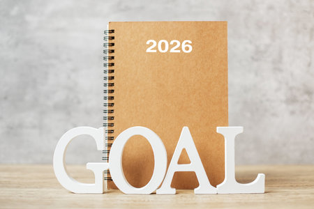 2026  Happy New Year with notebook and wooden number. goal, countdown, Resolution, Plan, Action and...