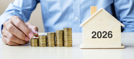 Business man hand putting golden coin on growing money stairs with 2026 wood home. Happy New Year...