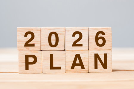block 2026 PLAN text on table. Resolution, strategy, goal, motivation, reboot, business and New Year holiday conceptsの写真素材