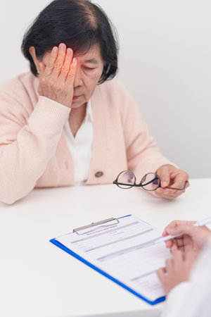 Elderly woman Patient having Eye ache and consulting Doctor to Eye disease. Senior Medical Diagnosis. Cataract, Glaucoma, Age Related Macular Degeneration, Diabetic Retinopathy, Vitreous and healthの写真素材
