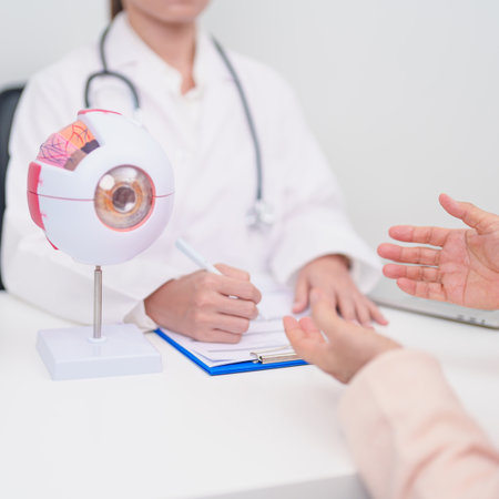 Elderly Patient consulting Doctor to Eye disease, Senior Medical Diagnosis. Anatomy Eye model for Cataract, Glaucoma, Age Related Macular Degeneration, Diabetic Retinopathy, Vitreous, health conceptの写真素材