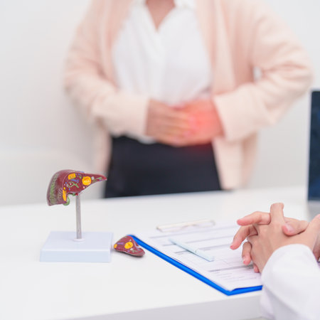 Doctor with human Liver anatomy. Elderly Patient consultation medical health for Liver cancer and Tumor, Jaundice, Viral Hepatitis, Cirrhosis, Failure, Enlarged, Hepatic Encephalopathy, Ascites Fluidの写真素材