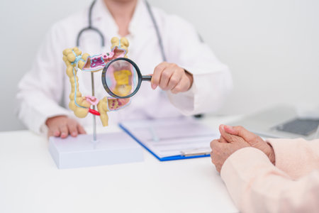 Elderly woman Patient consultation with doctor for Colon disease, Large Intestine, Colorectal cancer, Ulcerative colitis, Diverticulitis, Irritable bowel syndrome, Digestive system and Healthcareの写真素材