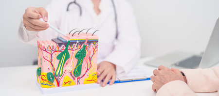 woman Patient consultation Dermatologist with anatomy of skin and hair. Skin disease and Hair loss, Systemic Lupus Erythematosus or SLE, world lupus day, May Melanoma and Skin Cancer Awareness monthの写真素材