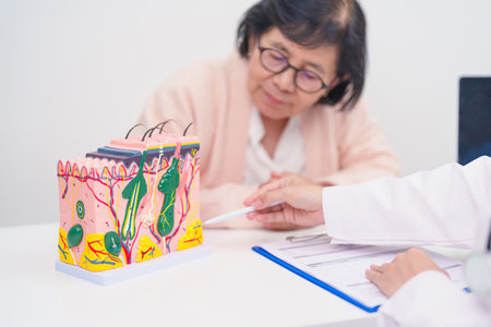 woman Patient consultation Dermatologist with anatomy of skin and hair. Skin disease and Hair loss, Systemic Lupus Erythematosus or SLE, world lupus day, May Melanoma and Skin Cancer Awareness monthの写真素材