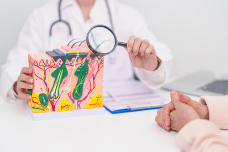 woman Patient consultation Dermatologist with anatomy of skin and hair. Skin disease and Hair loss,...