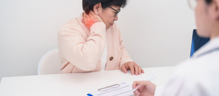 Elderly Woman having Shoulder and Neck and consulting doctor in hospital. Muscle painful due to Myofascial pain syndrome and Fibromyalgia, rheumatism, Scapular pain, Cervical Spine. ergonomic conceptの写真素材