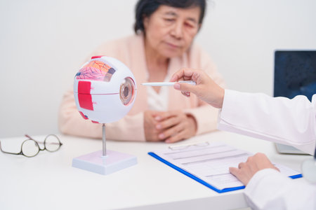 Elderly Patient consulting Doctor to Eye disease, Senior Medical Diagnosis. Anatomy Eye model for Cataract, Glaucoma, Age Related Macular Degeneration, Diabetic Retinopathy, Vitreous, health conceptの写真素材