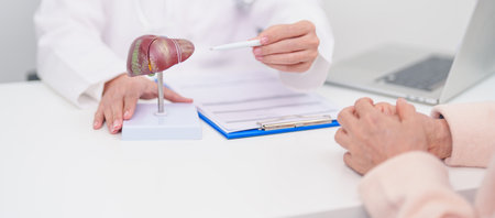 Doctor with human Liver anatomy. Elderly Patient consultation medical health for Liver cancer and Tumor, Jaundice, Viral Hepatitis, Cirrhosis, Failure, Enlarged, Hepatic Encephalopathy, Ascites Fluidの写真素材