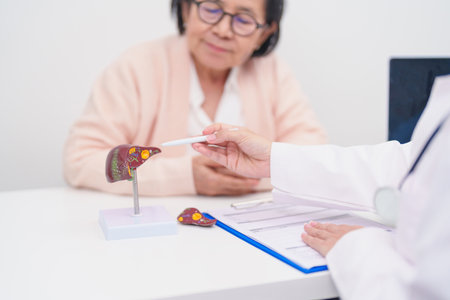 Doctor with human Liver anatomy. Elderly Patient consultation medical health for Liver cancer and Tumor, Jaundice, Viral Hepatitis, Cirrhosis, Failure, Enlarged, Hepatic Encephalopathy, Ascites Fluidの写真素材