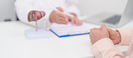 Doctor with human Liver anatomy. Elderly Patient consultation medical health for Liver cancer and Tumor, Jaundice, Viral Hepatitis, Cirrhosis, Failure, Enlarged, Hepatic Encephalopathy, Ascites Fluidの写真素材