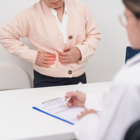 Senior Woman Chest ache. Elderly Patient consultation medical health for Liver cancer and Tumor,...