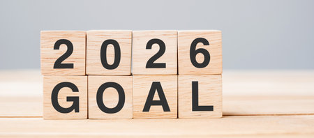 block 2026 GOAL text on table. Resolution, strategy, plan, motivation, reboot, business and New Year holiday conceptsの写真素材