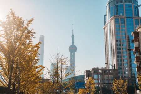 Cityscape view of Shanghai city in autumn season. Skyscraper of Lujiazui in Pudong. landmark and popular for tourism attractions. Travel and Vacation conceptの写真素材