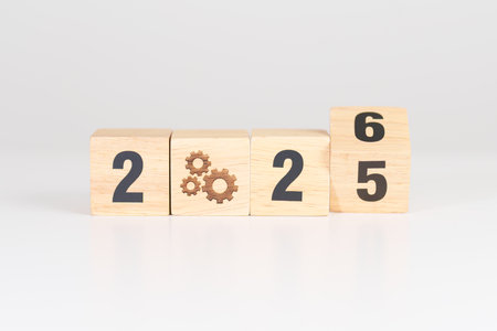 2025 year change to 2026 year block with gear icon. Business Process, Team, teamwork, Goal, Target,...