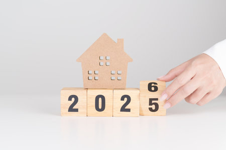 2025 end year to Happy New Year 2026 with house model. real estate, Home loan and mortgage, tax,...
