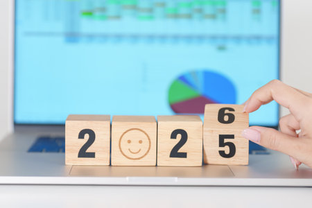 2025 end year to Happy New Year 2026 with Smile block. Satisfaction, feedback, Review, mental...