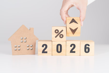 2026 New Year with percentage change to UP and Down arrow with Home model. Real estate Mortgage,...