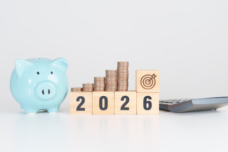 Happy New Year 2026 with Coins stack and dartboard icon. Strategy, goal, Money, Budget, tax,...
