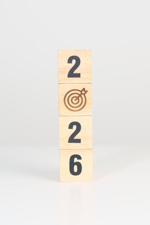 2026 year block with dartboard icon. Goal, Target, Resolution, strategy, plan, Action, mission,...